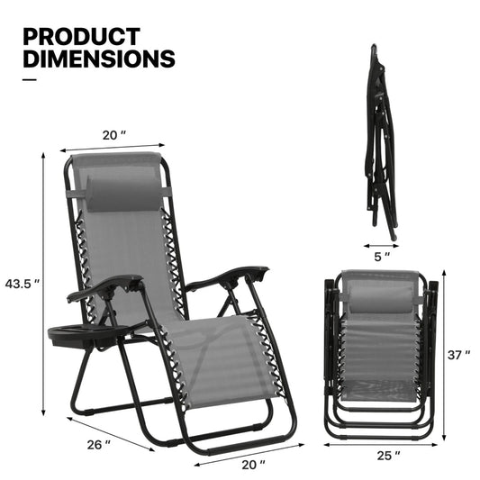 Folding Chair Beach Patio Lounge w/Holding Tray, Gray-Set of 2