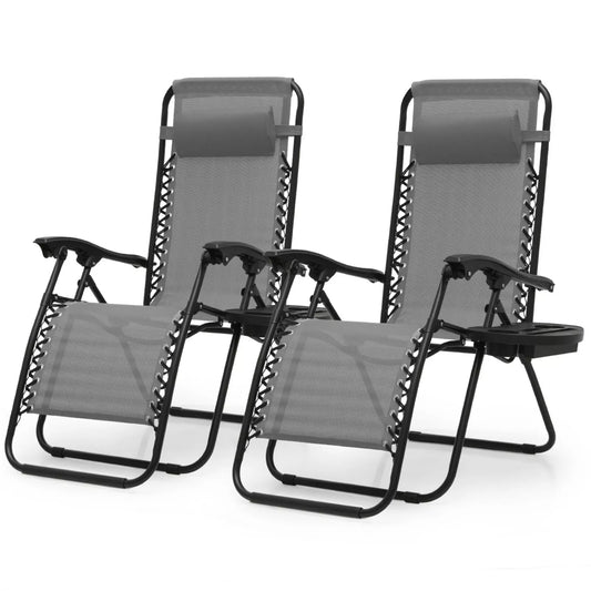 Folding Chair Beach Patio Lounge w/Holding Tray, Gray-Set of 2