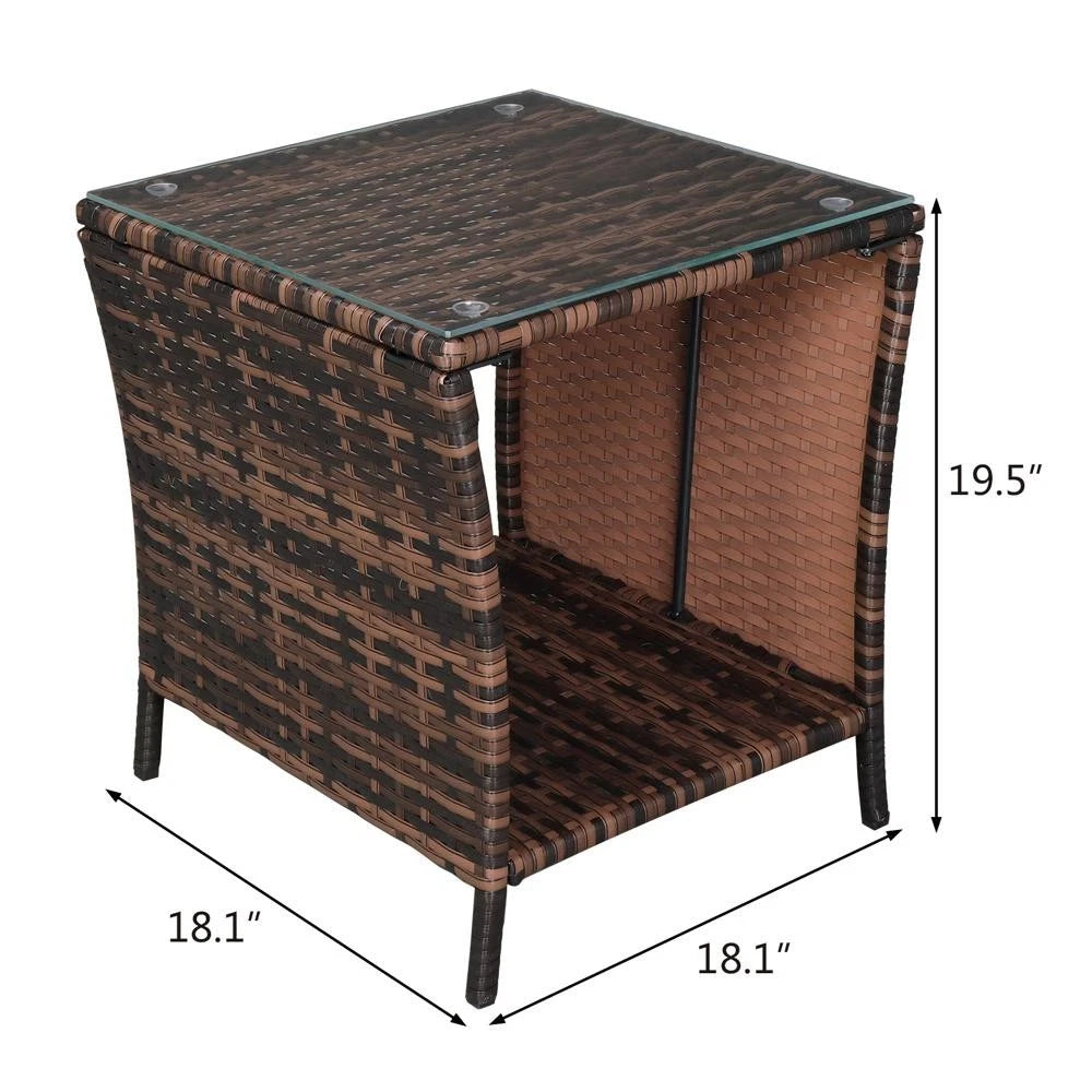 Patio Side Table Rattan Wicker Square Glass Top Tea Coffee Table