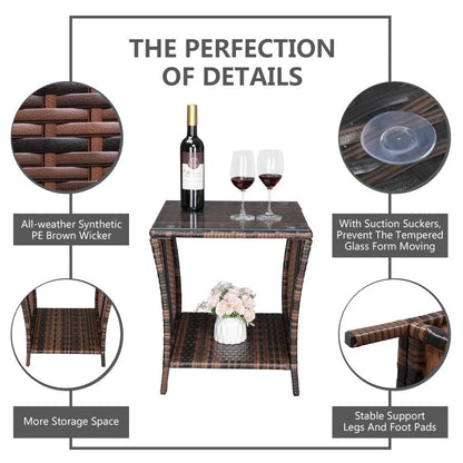 Patio Side Table Rattan Wicker Square Glass Top Tea Coffee Table
